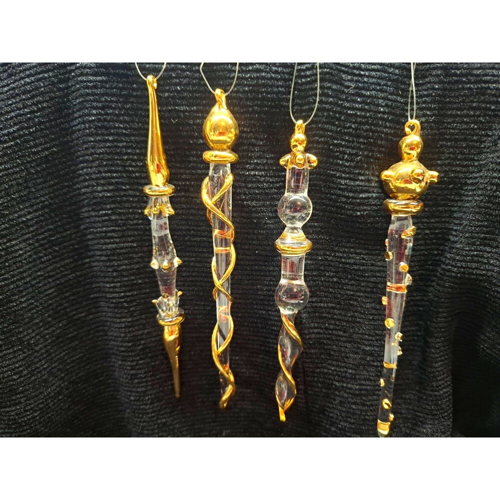 Vtg Glass Icicle Christmas Ornaments Clear Gold Accents Set of 4 Hanging 5 in